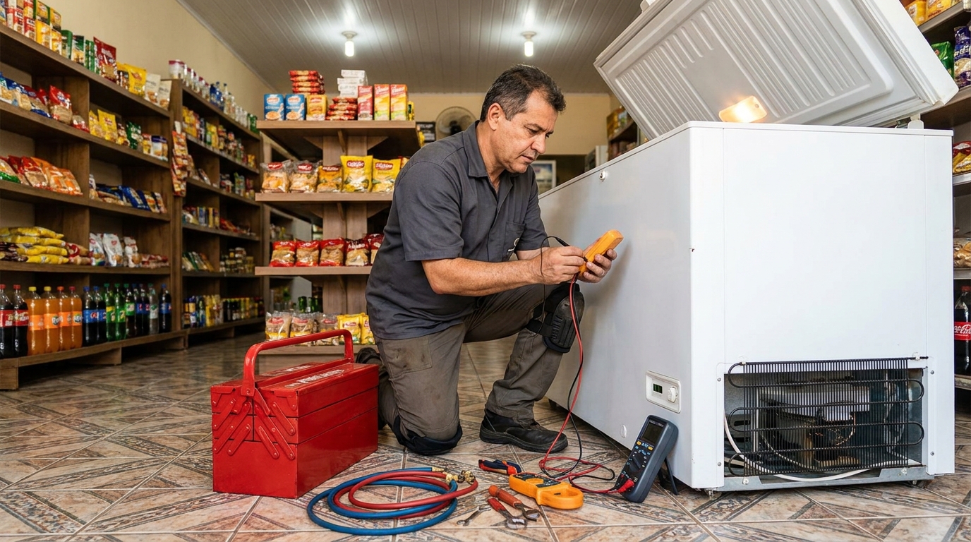 Recarga de gás refrigerante em freezer em atendimento em Caxias do Sul‑RS